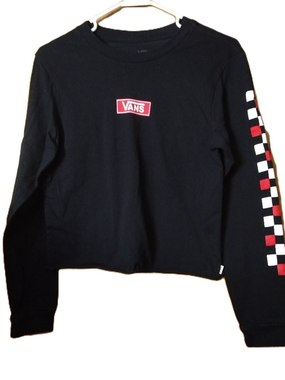 Vans Off The Wall Women's Small Checkerboard Black Long Sleeve Crop Top Shirt